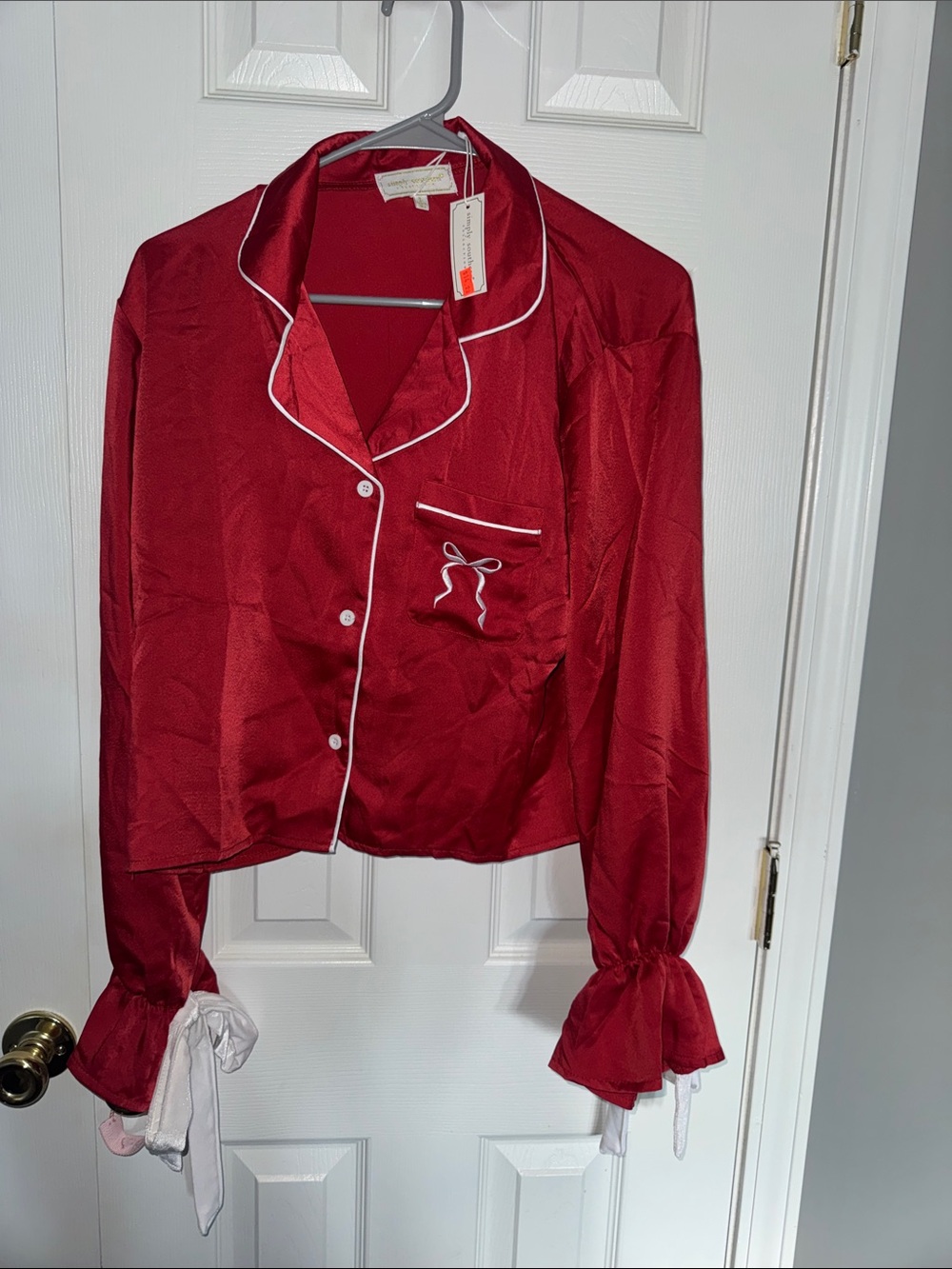 Simply Southern Red Satin Pajama Top with White Trim